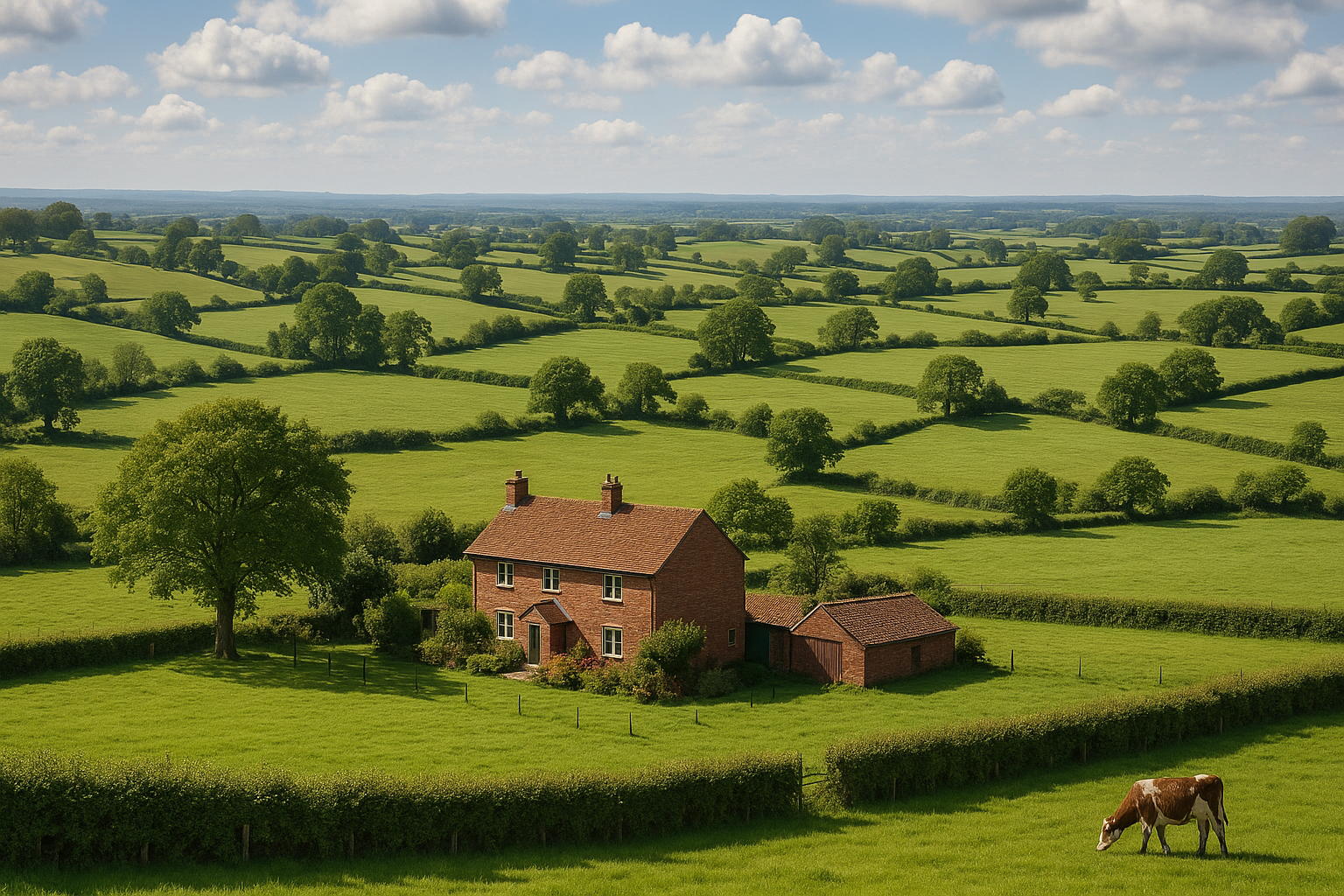Rural Cheshire countryside with traditional farmhouses and rolling hills