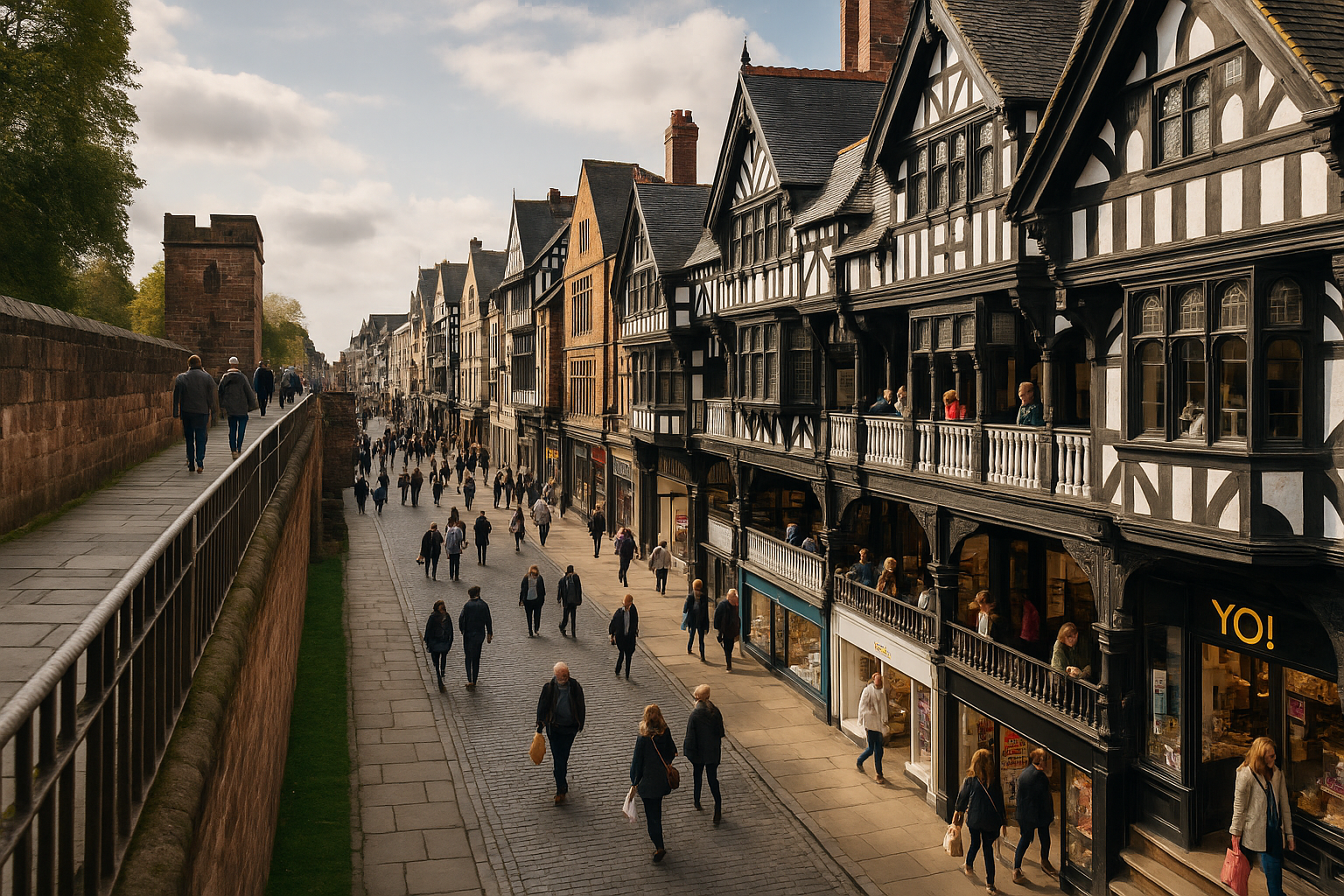 Chester city centre with historic Rows architecture and Roman walls