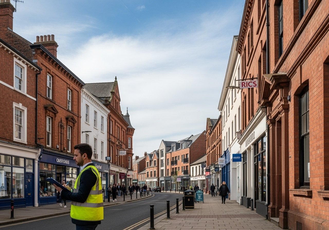 Northwich town centre showing Victorian architecture and modern developments with surveyor