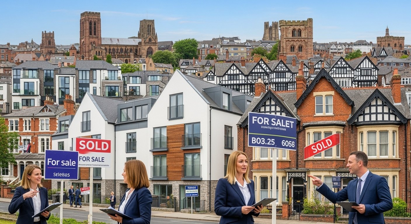 Chester property market showing modern and Victorian properties with For Sale signs