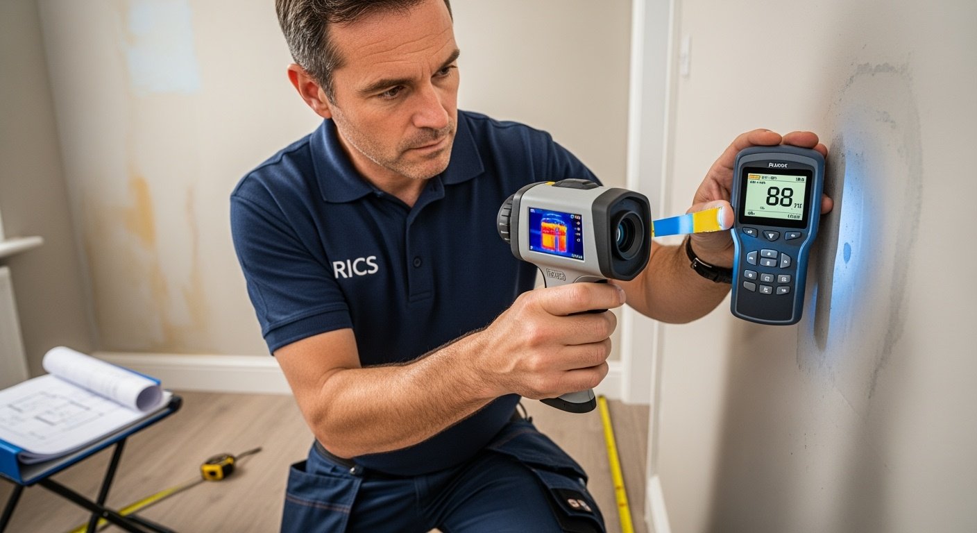 Professional surveyor examining damp problems in Cheshire property using moisture detection equipment