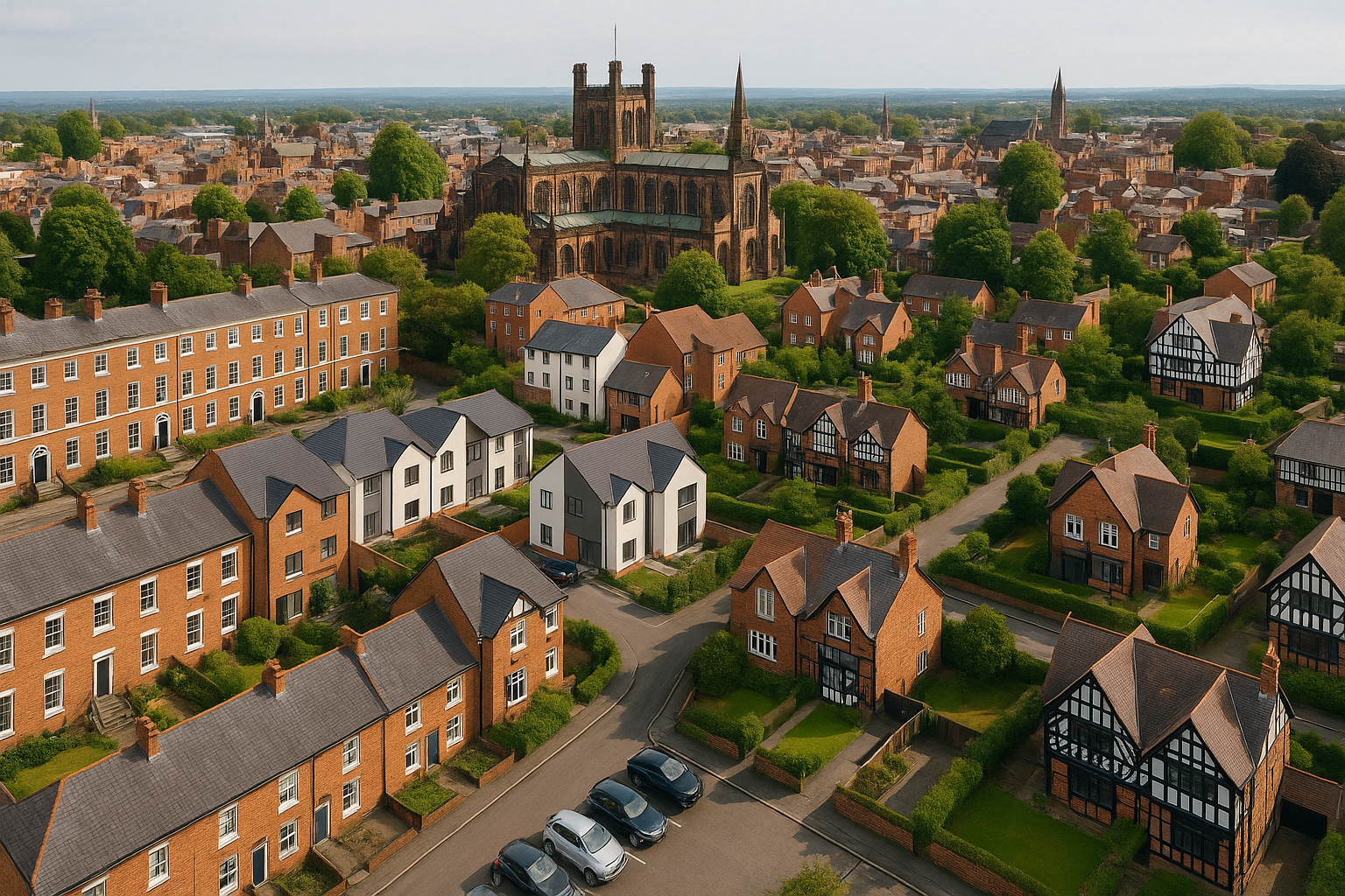 Aerial view of Chester showing diverse property types and historic architecture