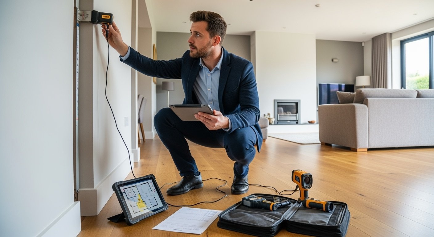 Professional RICS chartered surveyor conducting comprehensive property survey in Chester home